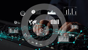 Hands Typing on Keyboard Surrounded by Data Visualization Graphs, Charts, and Digital Elements Representing Technology