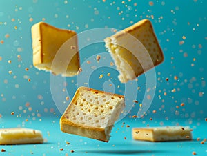 Dynamic Image of Levitating Cracker Biscuits with Crumbs Falling on a Blue Background