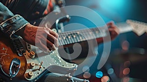 A dynamic image of a person playing guitar, captured mid-performance with passion