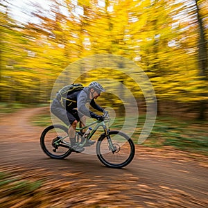 AI-Generated Image: Person Mountain Biking Quickly Along Wooded Path with Blurred Leaves photo