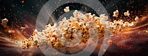 A dynamic image of popcorn being tossed into the air, with kernels forming a popcorn explosion, accompanied by vibrant colors and