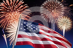 Dynamic image showcasing the American flag fluttering in the wind set against a vibrant display of fireworks, marking