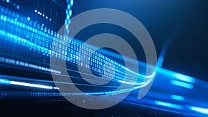 Binary Code Stream Flowing Through a Dark Technological Landscape