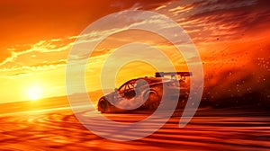 Dynamic image of a sports car drifting on a racetrack at sunset, with dramatic lighting and motion