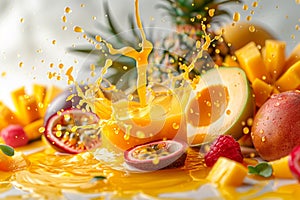 Dynamic image of a vibrant splash in tropical fruit juice and fresh cut exotic fruits