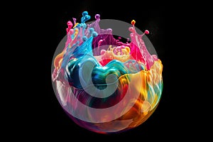 dynamic image of a water balloon bursting in mid-air with colorful liquid splashing all around it