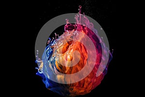 dynamic image of a water balloon bursting in mid-air with colorful liquid splashing all around it
