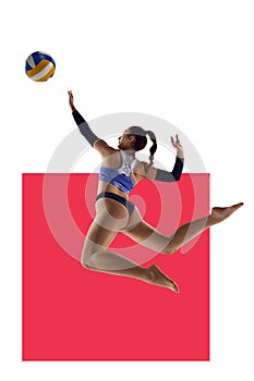 Dynamic image of young woman, beach volleyball player in motion during game, hitting ball over white background with red