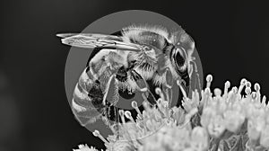 The dynamic interaction of a bee with a blooming flower, presented in a striking high-contrast black and white