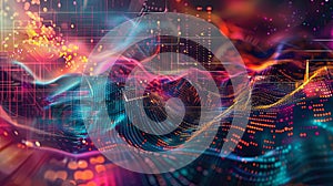 A dynamic and intricate abstract visualization of big data processing, showcasing information streams, complex graphs