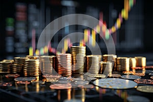Dynamic investment scene featuring coins, stock market chart on LED