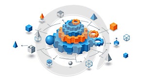 Isometric System Integration and Process Flowchart with Gears
