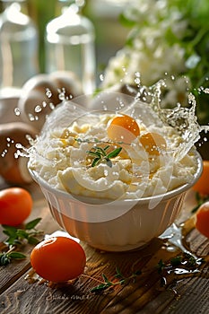 Dynamic Kitchen Scene with Fresh Eggs Splashing into Flour Bowl, Bright Yellow Yolks, and Scattered Tomatoes on Wooden Surface