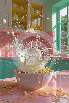 Dynamic Kitchen Scene with Splashing Milk and Overflowing Cereal Bowl in Pastel Setting