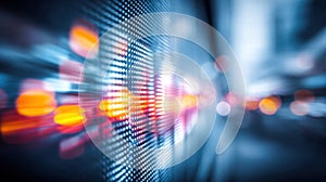 Dynamic led screen display with blurred bokeh lights, showing digital data and technology.