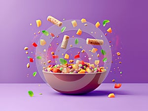 Dynamic Levitating Breakfast Cereal and Fruit Pieces Against a Purple Background