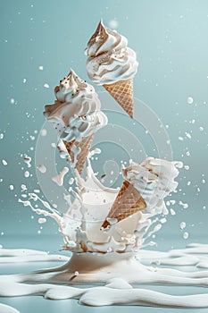 Dynamic levitating ice cream cones with splashing milk and flying sprinkles on blue background