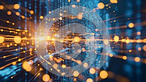 Dynamic light streaks flowing through binary code representing data