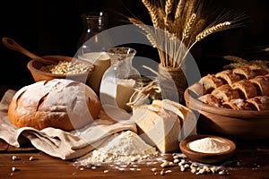 Dynamic and Lively Display of Baking Bread Ingredients - Flour, Yeast, Oil, and Wheat Spikes