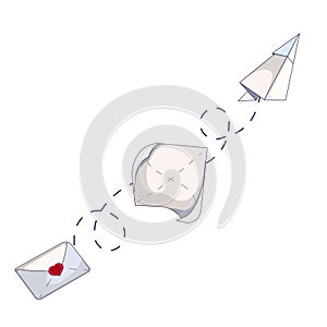Dynamic of love letter to a paper plane on white isolated background, vector letter, sheet and paper airplane in Cartoon style,