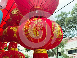 Low angle perspective of large red Chinese lanterns with gold lettering against a bright outdoor sky