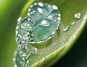 Dynamic Macro Illustration: Water Droplets on a Leaf with Flowing Water Motion (AI-Generated)