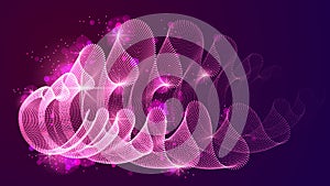 Dynamic magic particles wave flowing over dark, transparent tulle textile on wind. Dotted curves vector abstract background.