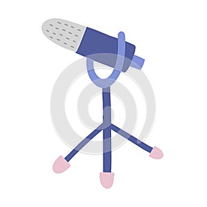 Dynamic microphone on stand, device for broadcasting and recording audio program, isolated doodle icon, trendy hand