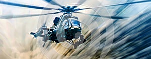 Dynamic military helicopter in flight depicted with blurred motion effect