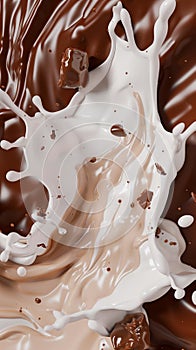 Dynamic milk and chocolate splash, 3D rendering. Perfect for culinary ads, luxury confections