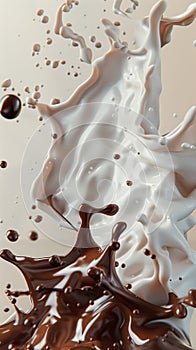 Dynamic milk and chocolate splash, 3D rendering. Perfect for culinary ads, luxury confections
