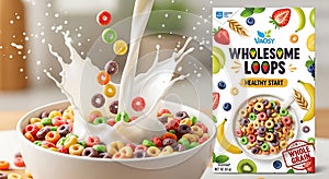 Dynamic milk splash in a bowl of colorful cereal loops