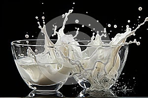 Dynamic milk or white liquid splash captured in motion, isolated on a stylish black background
