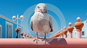 Dynamic Minimalist Photography: A Cute Seagull Amidst Pink Railing