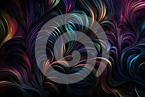 A dynamic mixture of RGB colors spiraling and intertwining over a dark background. Abstract art showcasing a vivid display of photo