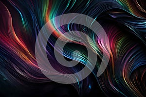 A dynamic mixture of RGB colors spiraling and intertwining over a dark background. Abstract art showcasing a vivid display of photo