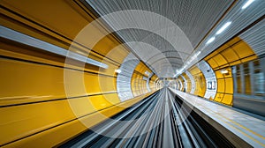 Dynamic motion blur scene view from underground subway train speeding in tunnel with glowing neon lights