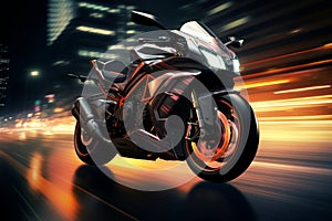 Dynamic motion EBR racing motorcycle with abstract speed light trails photo