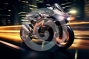 Dynamic motion EBR racing motorcycle with abstract speed light trails photo