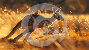 Dynamic motion red kangaroo in australian outback, sharp detail and high contrast in arid landscape