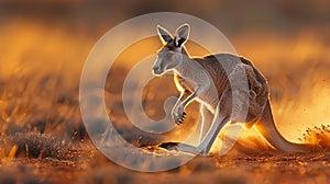 Dynamic motion red kangaroo in outback s arid landscape with dust trails and high contrast clarity