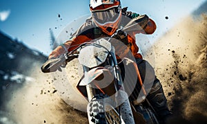 Dynamic Motocross Rider in Action on a Bright Day Kicking up Dirt with Powerful Motorcycle on Rugged Terrain