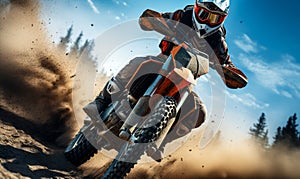 Dynamic Motocross Rider in Action on a Bright Day Kicking up Dirt with Powerful Motorcycle on Rugged Terrain