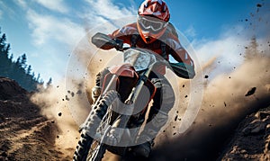 Dynamic Motocross Rider in Action on a Bright Day Kicking up Dirt with Powerful Motorcycle on Rugged Terrain