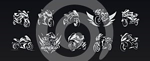 Dynamic motorcycle icons set: Energetic strokes, brushwork style. Modern logo designs for racing enthusiasts. Versatile