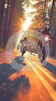 Dynamic motorcycle squad speeds along a forested road, creating excitement