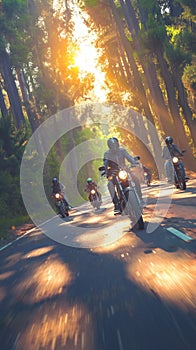 Dynamic motorcycle squad speeds along a forested road, creating excitement