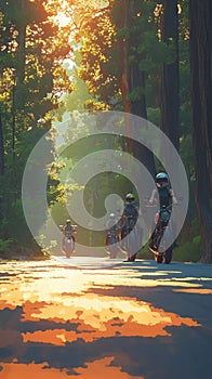 Dynamic motorcycle squad speeds along a forested road, creating excitement