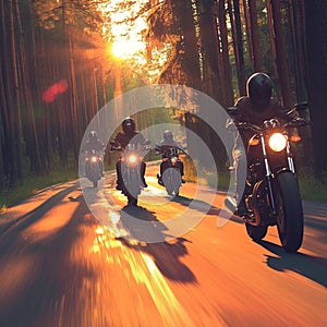 Dynamic motorcycle squad speeds along a forested road, creating excitement