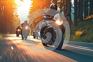 Dynamic motorcycle squad speeds along a forested road, creating excitement